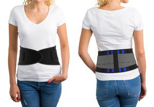 Woman wearing TREK HEALTHY Explorer Core and Back Support, front and back views